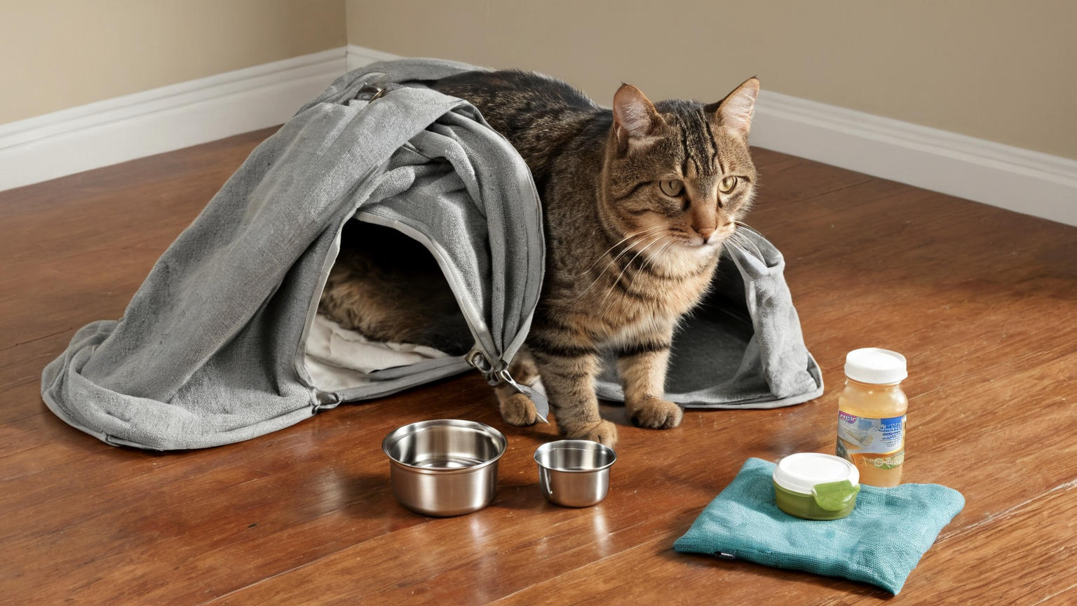 Cat carrier and evacuation kit prepared for smoke or fire alerts