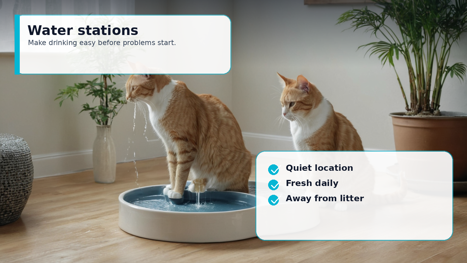 Multiple cat water stations in a calm home