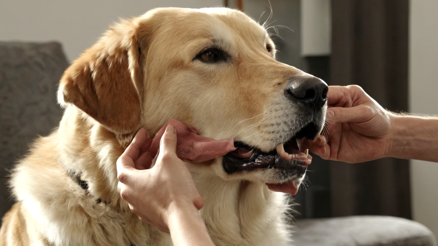 Calm dog mouth check preparation without forcing the jaw