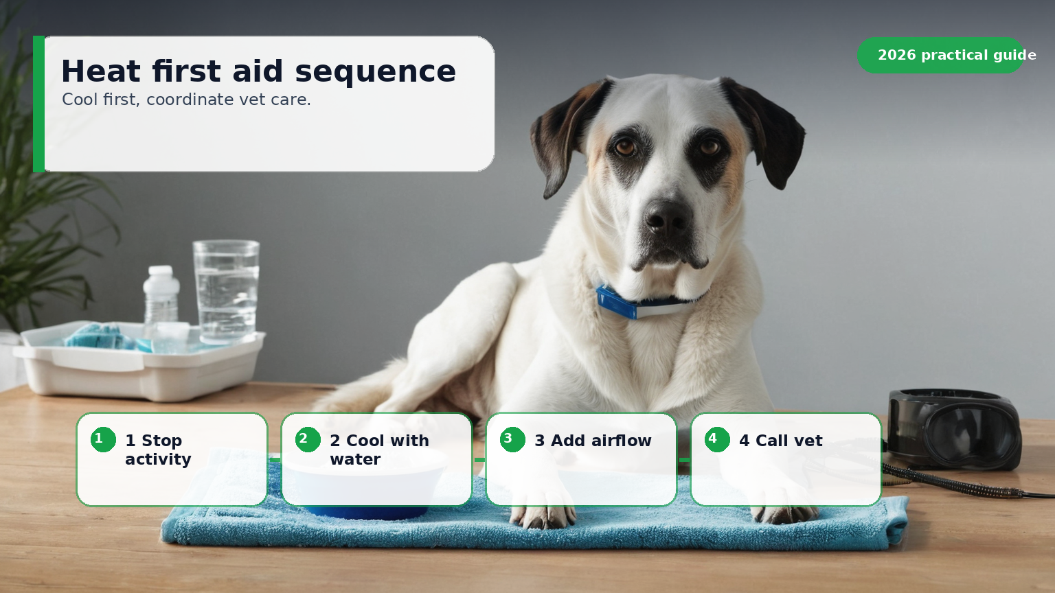 Flowchart showing how to stop activity, wet with cool water, add airflow, and call a veterinarian