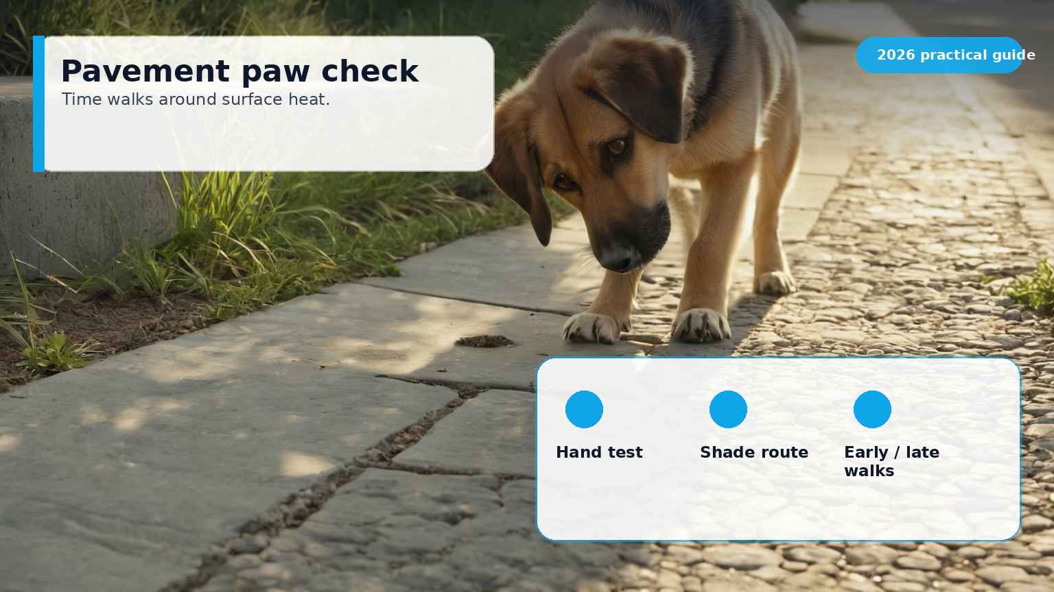 Hand testing hot pavement beside paw prints and a shaded green walking route