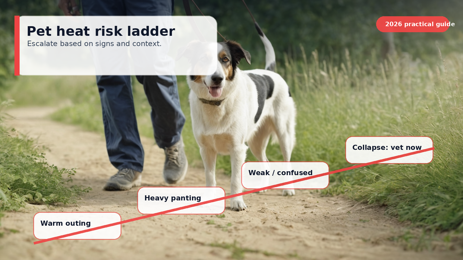 Color-coded heat risk ladder for pets from warm walk to emergency signs