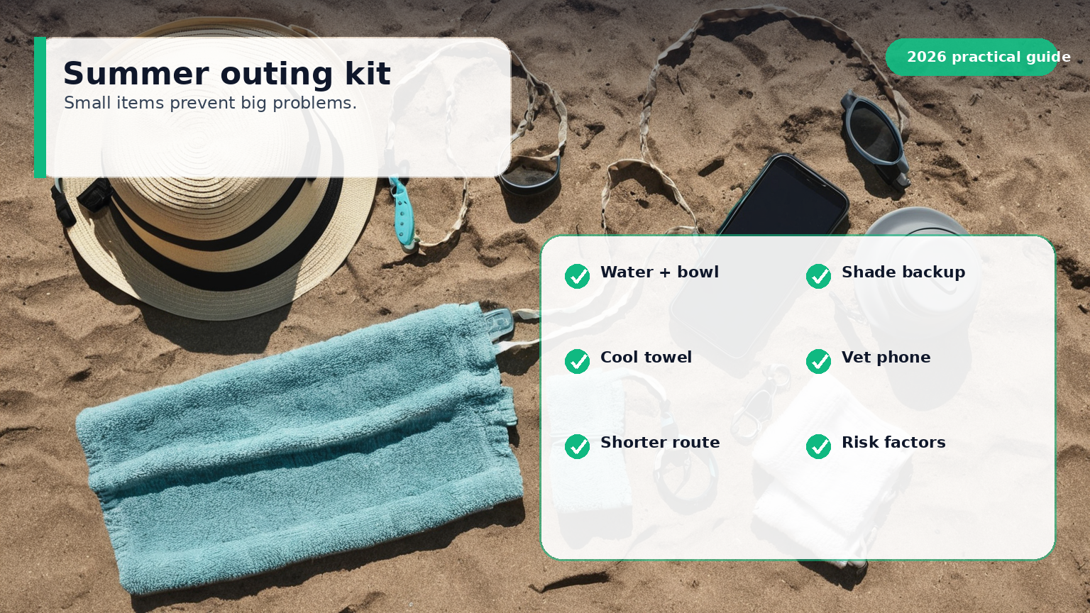 Illustrated summer outing checklist with water, bowl, shade route, towel, and veterinary phone number