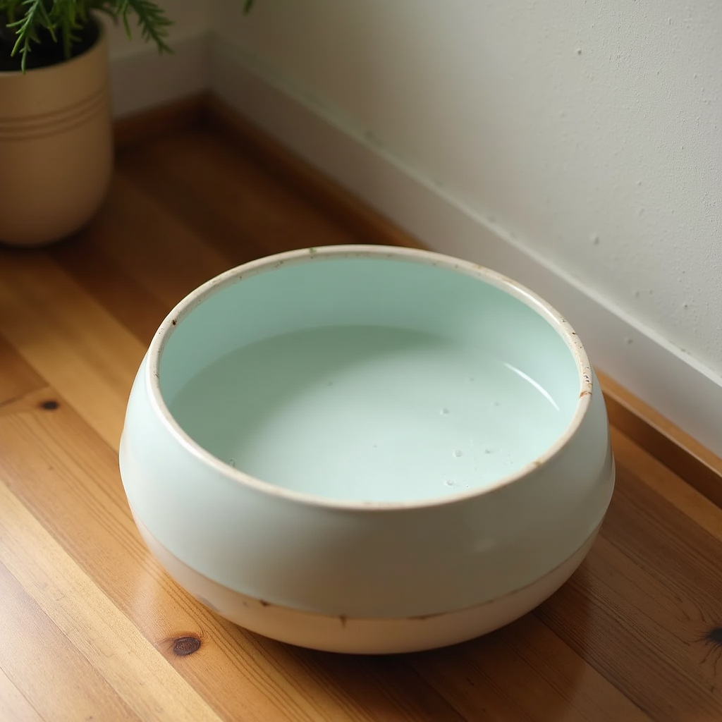Watercolor illustration of cat food bowl beside fresh cucumber and water glass