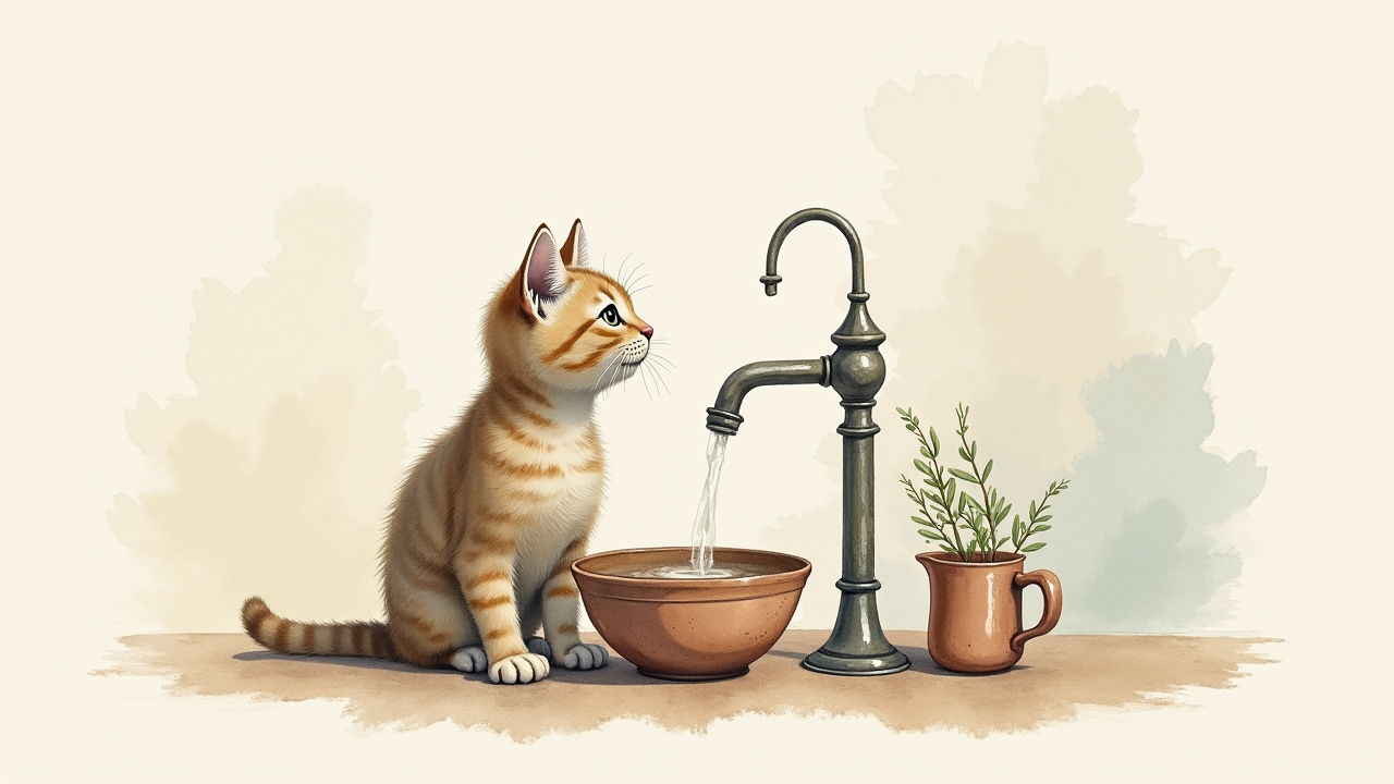 Watercolor illustration of cat hydration items — water fountain, ceramic bowl, vintage measuring cup