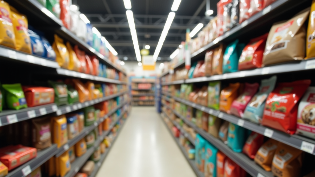 Watercolor illustration of an abstract row of food bag silhouettes on a shelf, top-down still life on cream paper, no readable text, soft earth tones
