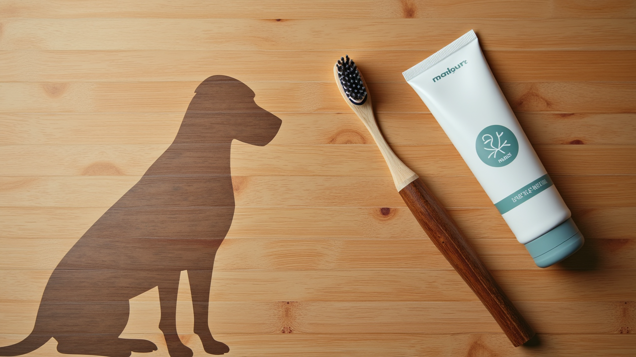 Watercolor illustration of an abstract small toothbrush shape and tube on cream paper beside a small dog silhouette, no text, soft earth tones