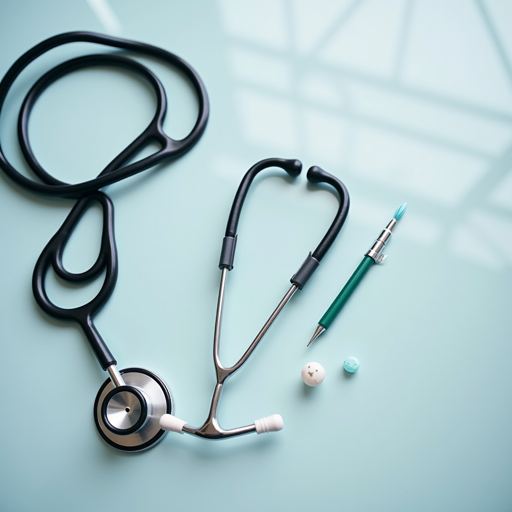 Watercolor illustration of an abstract veterinary stethoscope and small medical supplies on cream paper, no text, soft earth tones