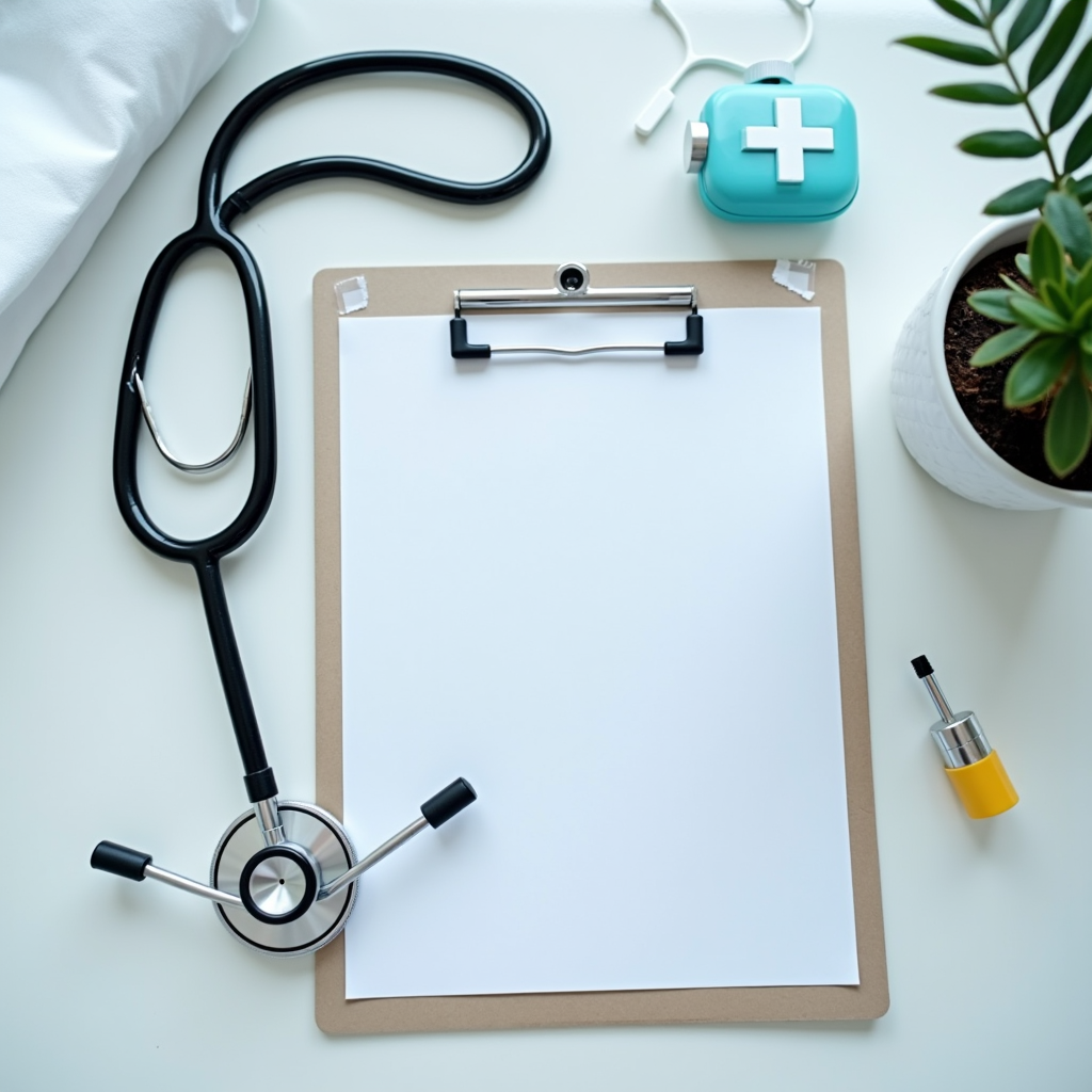 Watercolor illustration of an abstract small medical kit with a stethoscope on cream paper, top-down still life, no text, soft earth tones