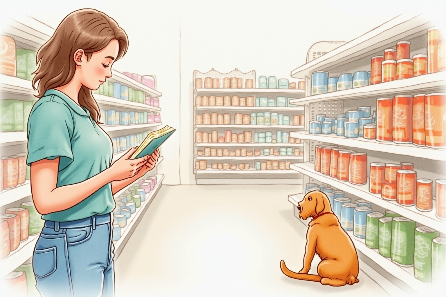 Person reading a pet food label in a pet store aisle