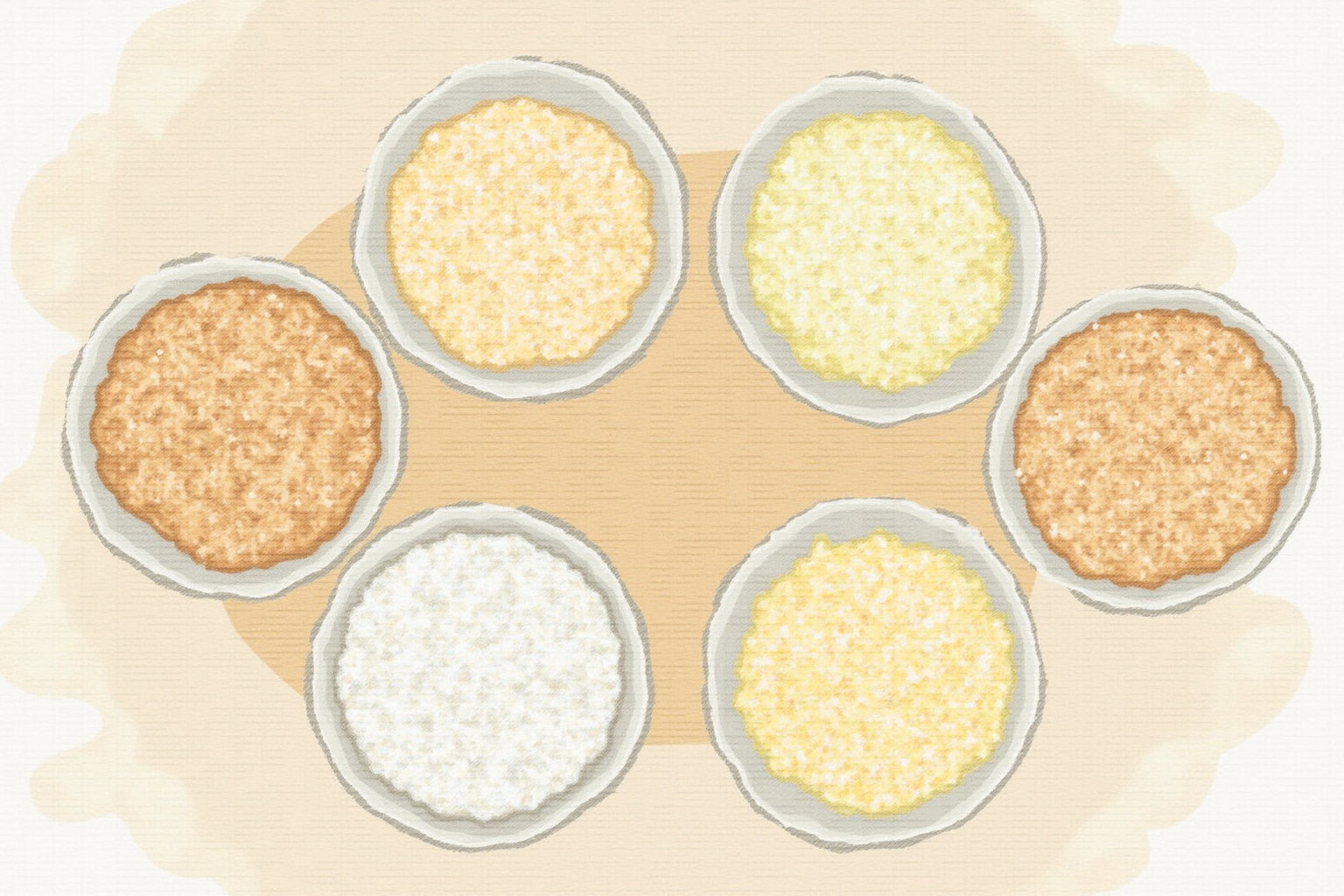 Grains like rice, oats, and barley in small bowls