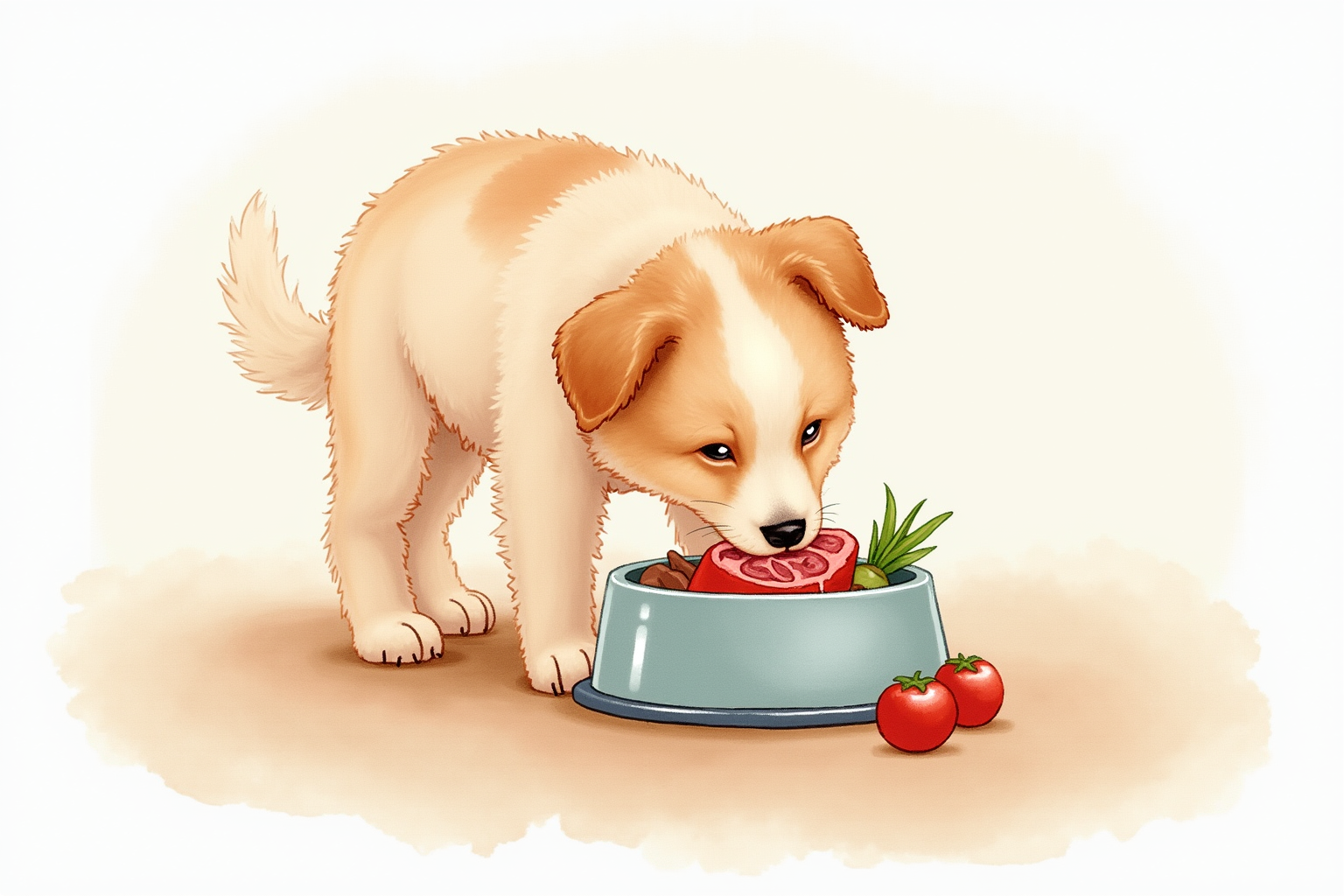 Dog eating balanced raw meal of meat and vegetables