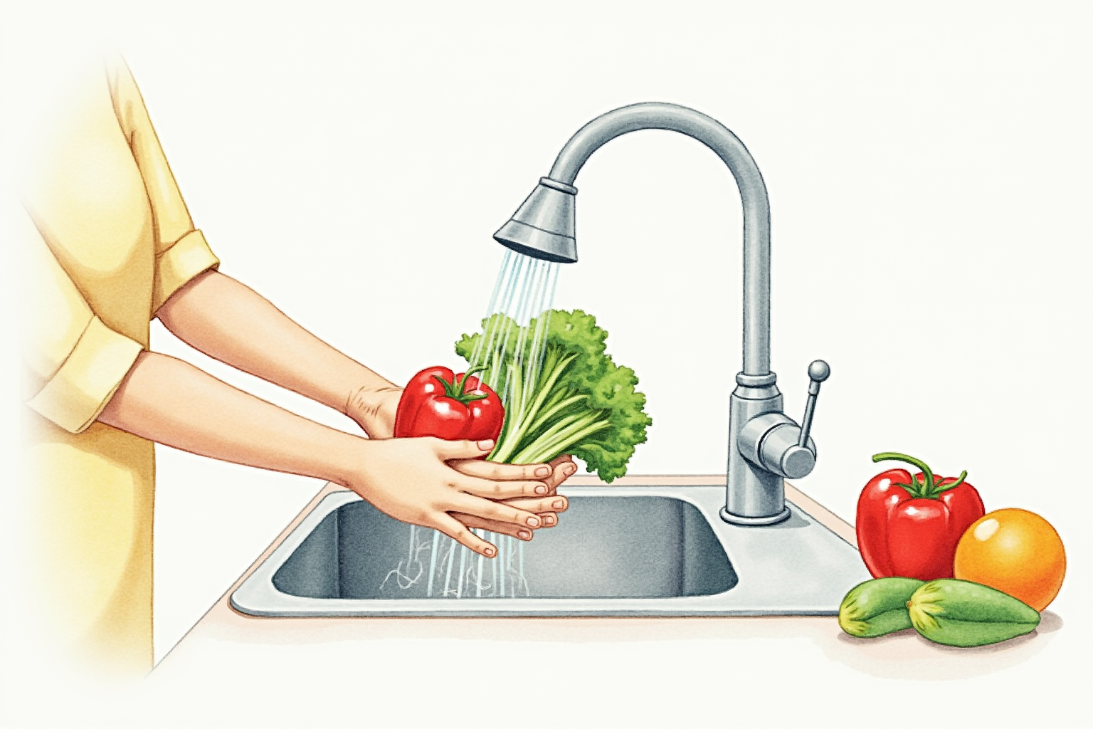 Hands washing fresh produce with disposable gloves nearby