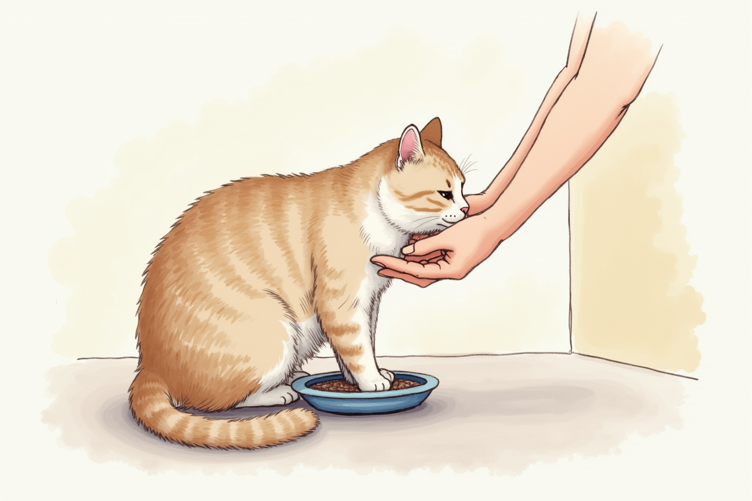 Senior cat being gently lifted onto a feeding platform