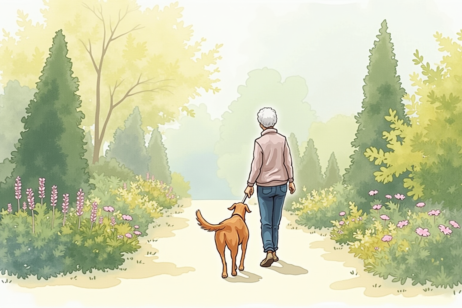 Senior dog walking slowly with owner in a garden