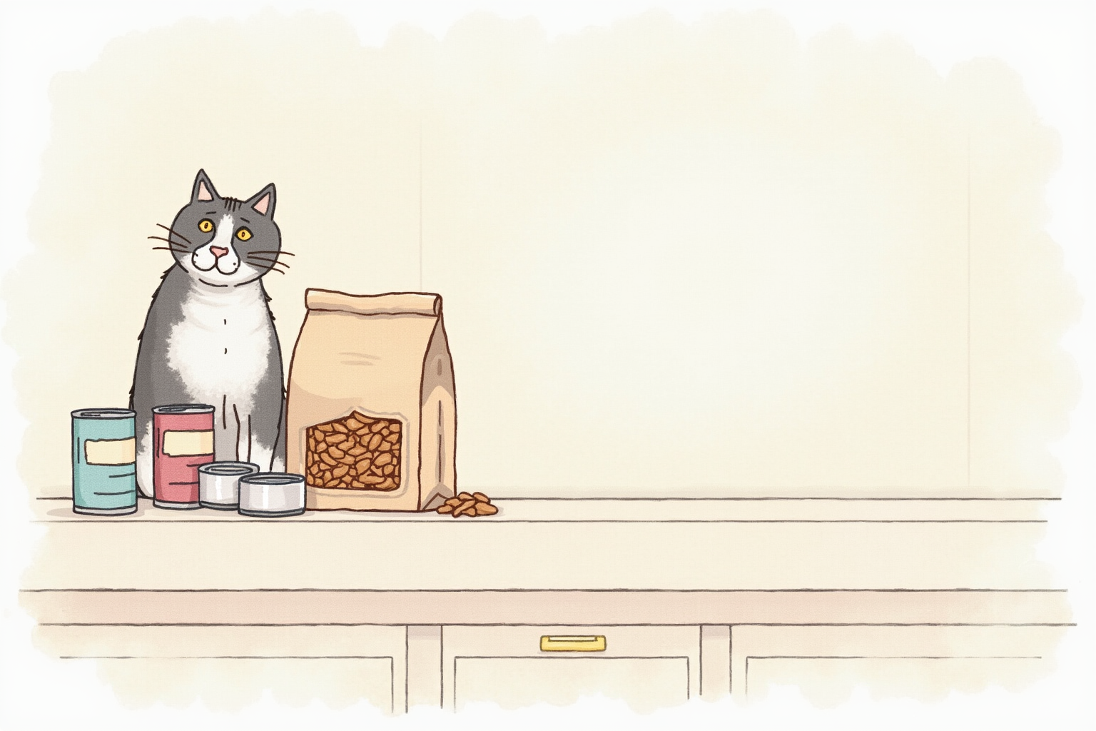 Kitchen counter with cans of wet cat food beside dry kibble