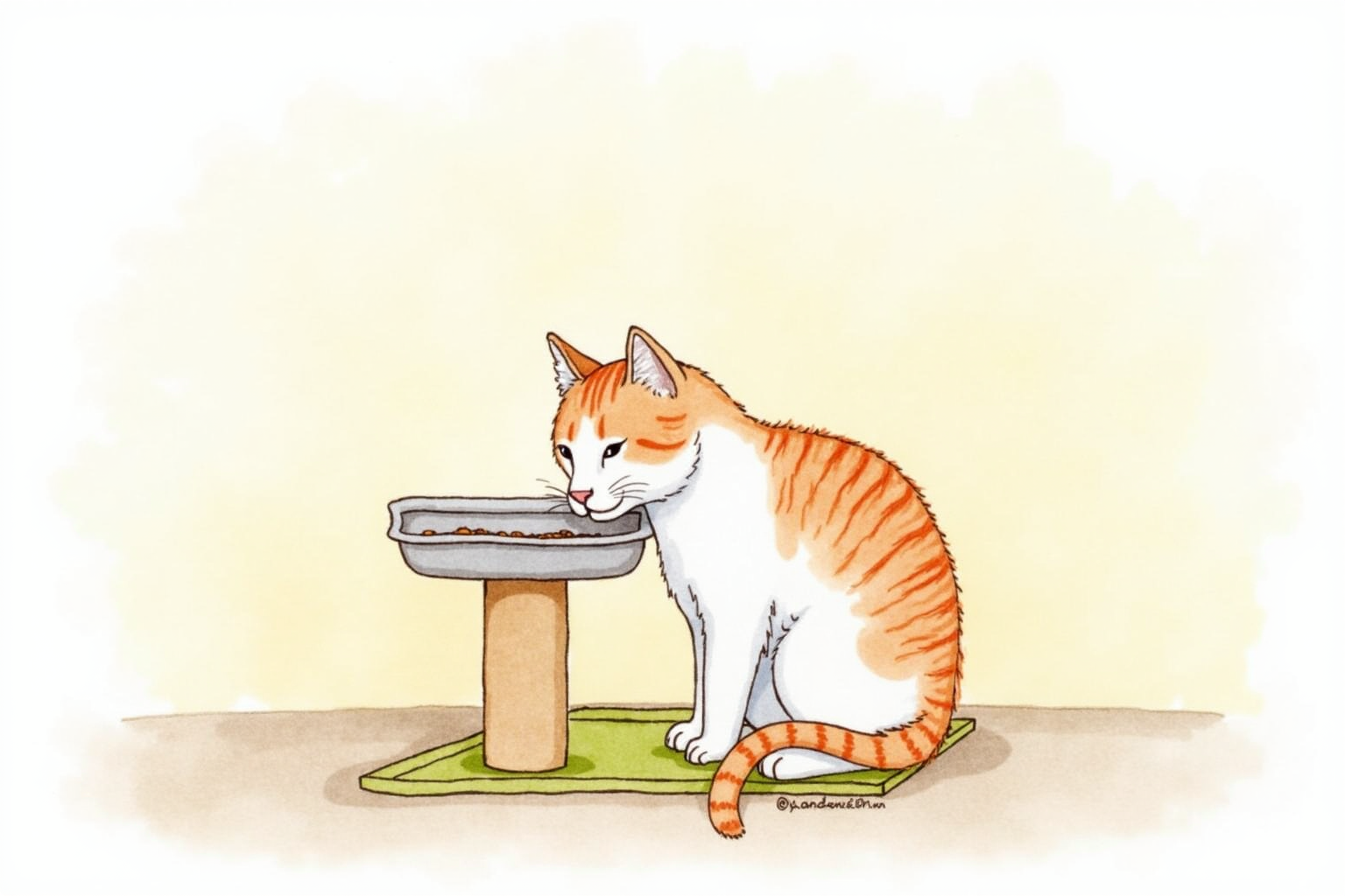 Cat eating from an elevated feeding station with mat