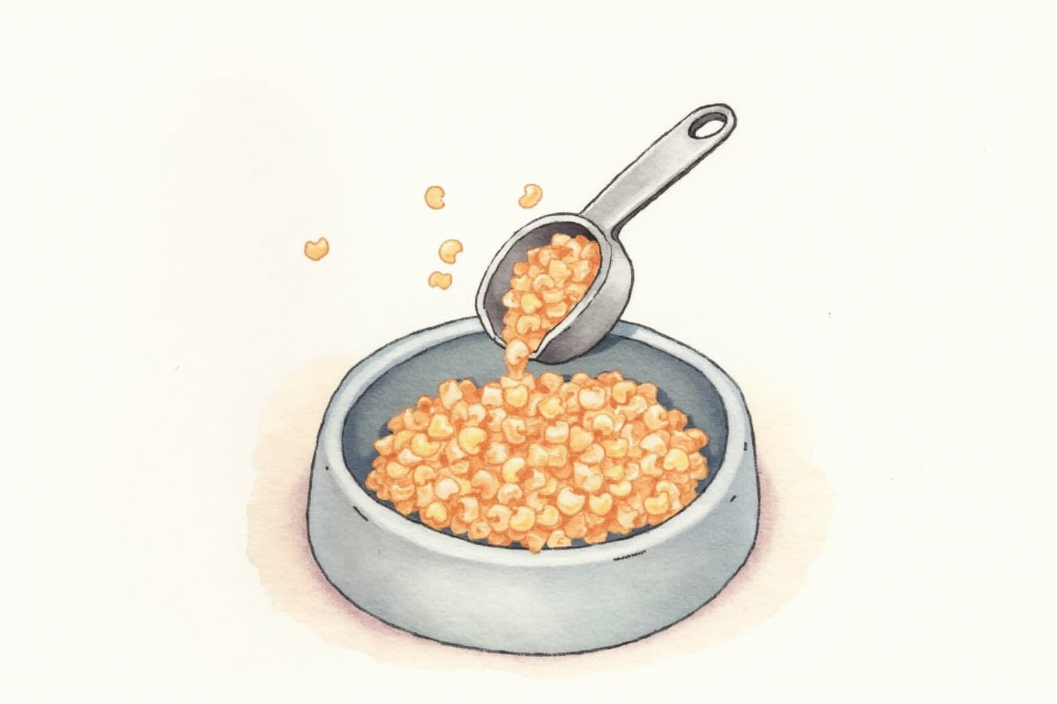 Measuring scoop of dry kibble poured into a cat bowl