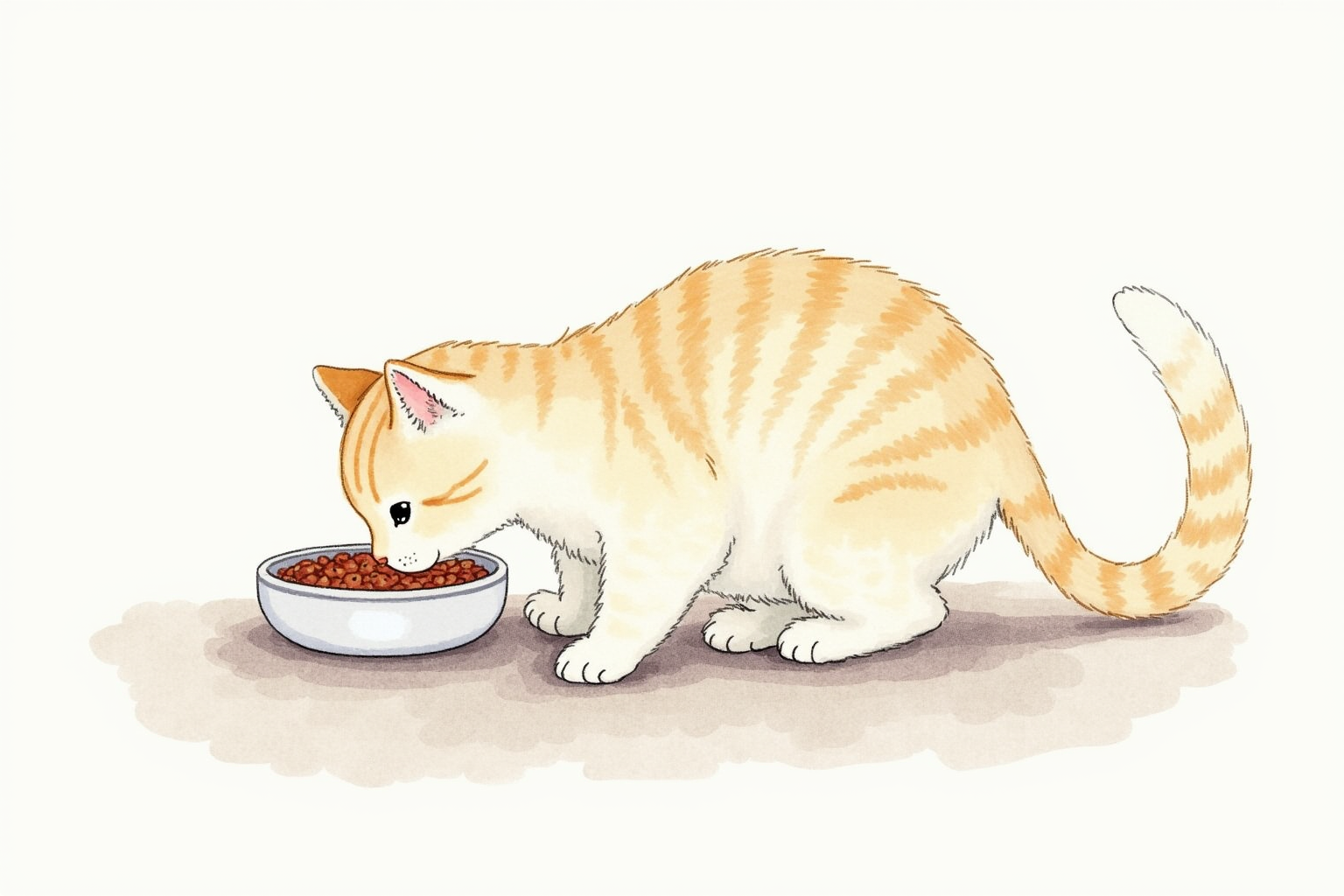 Cat drinking water from ceramic bowl beside food