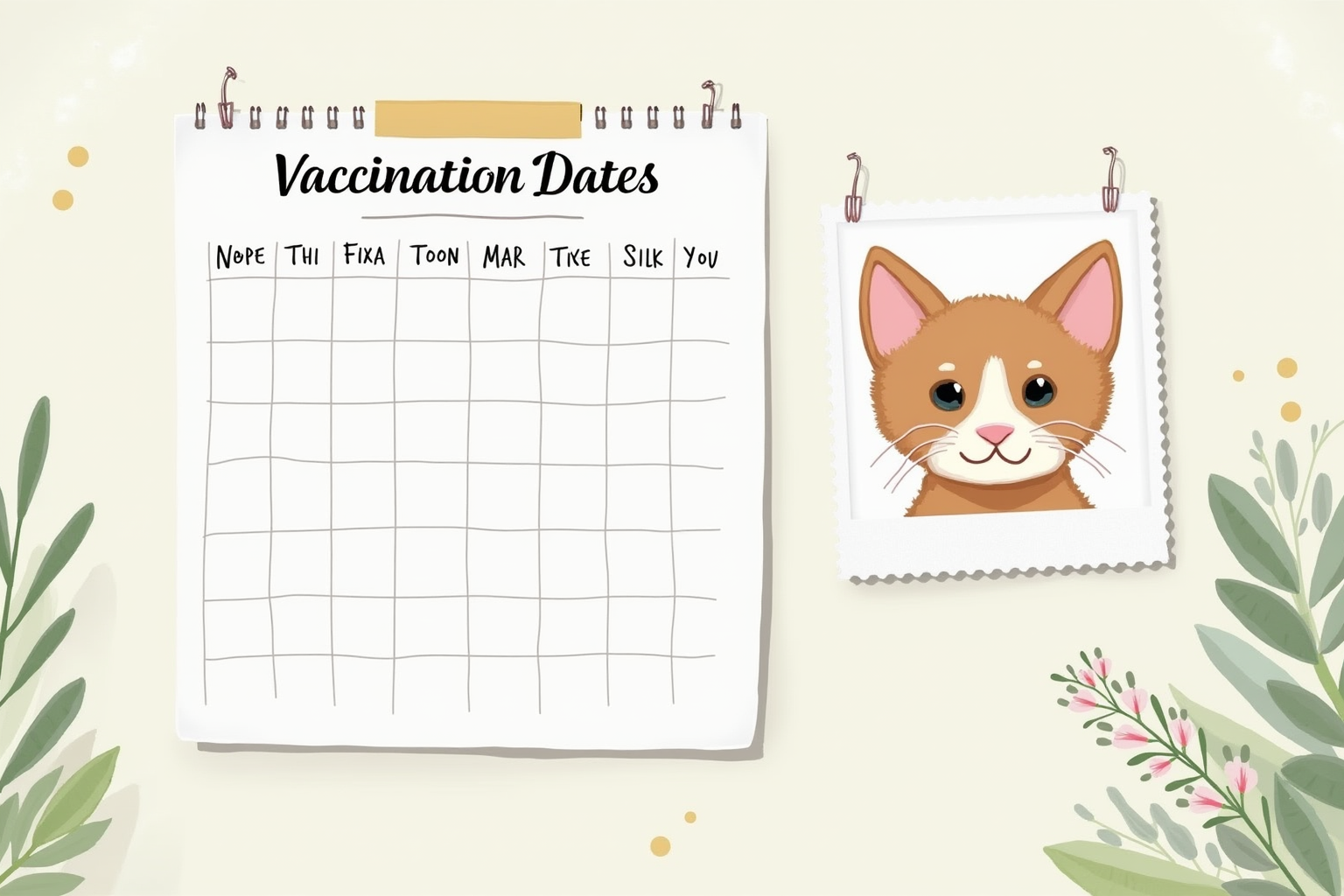 Calendar with marked vaccination dates pinned beside a cat photo