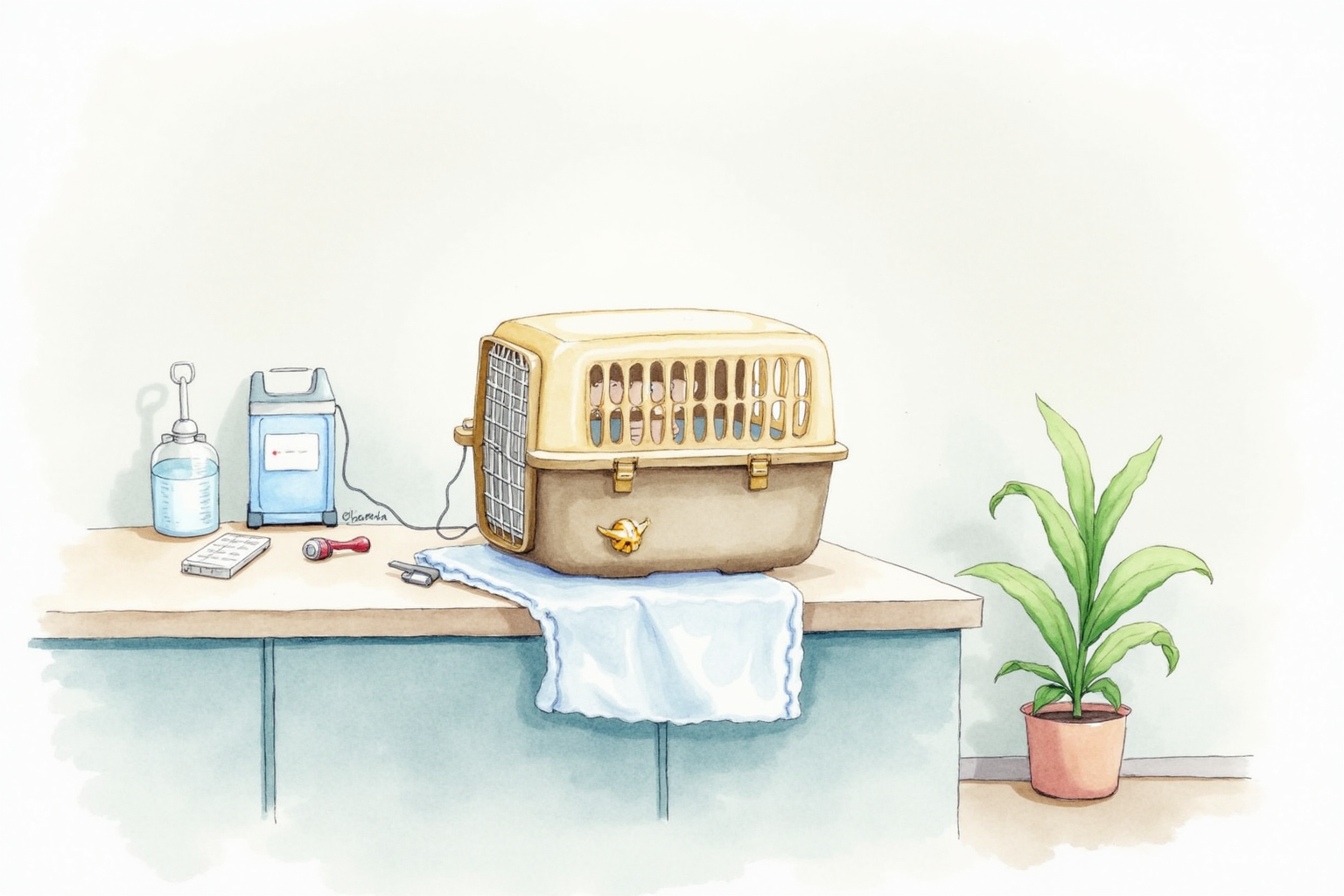 Cat carrier on a clean exam table beside veterinary supplies