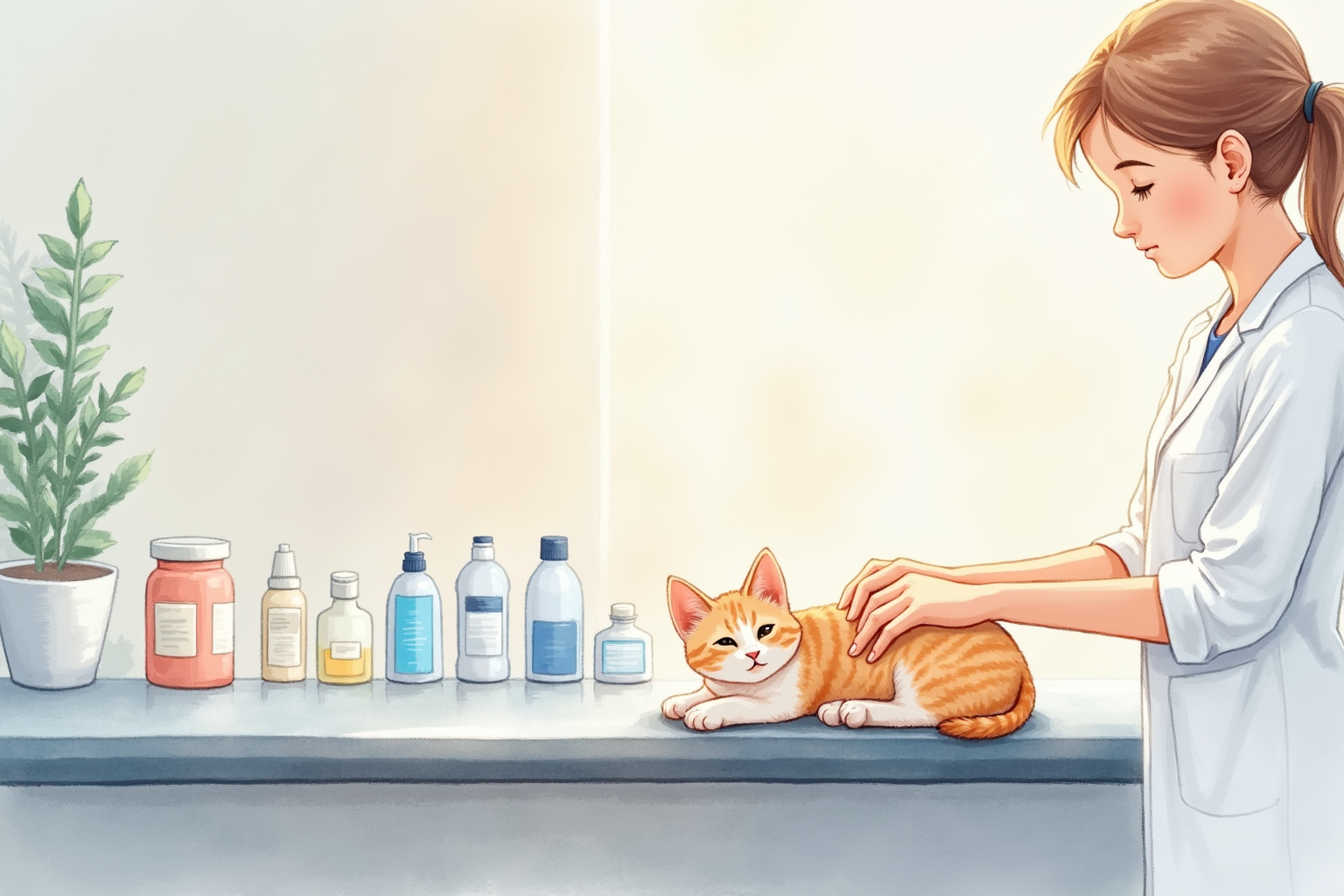 Small kitten on exam table with vet preparing supplies