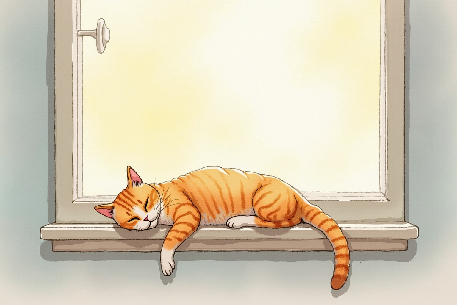 Senior indoor cat sleeping on a sunny windowsill