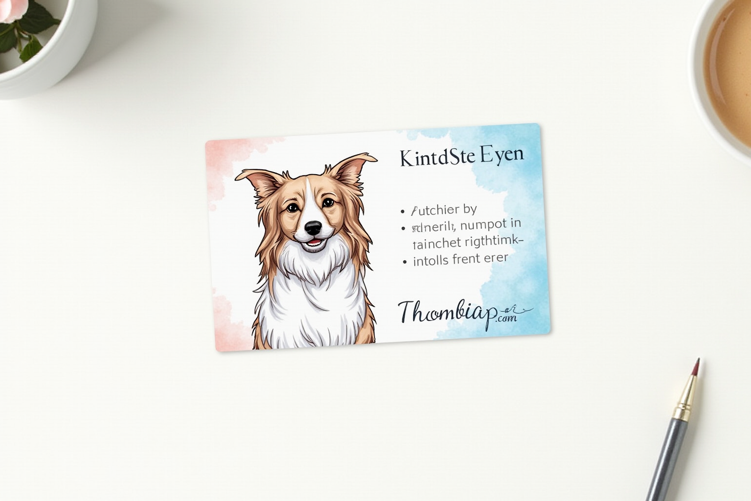 Pet ID card with photo and microchip number on a desk