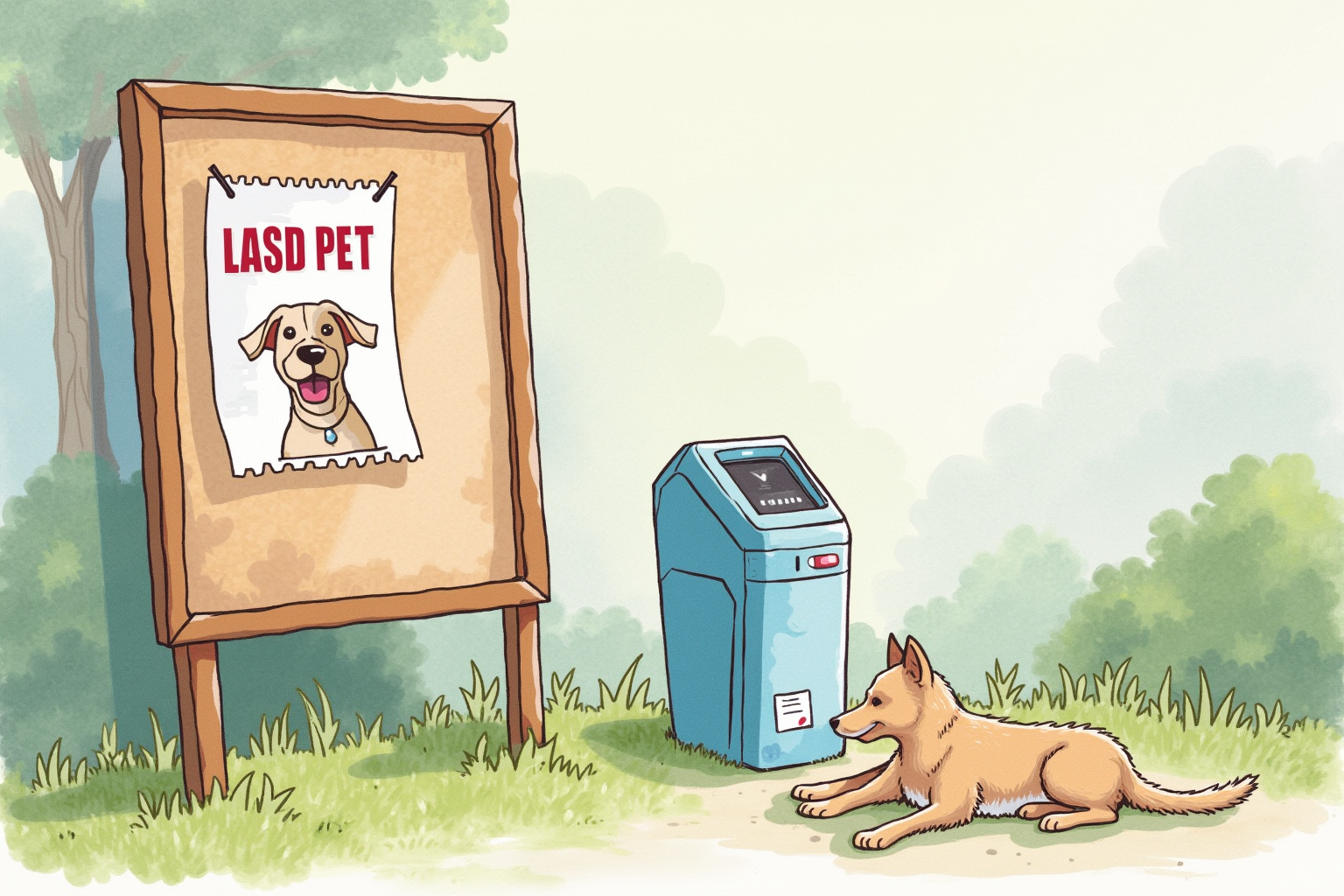 Lost pet poster on community board beside microchip scanner