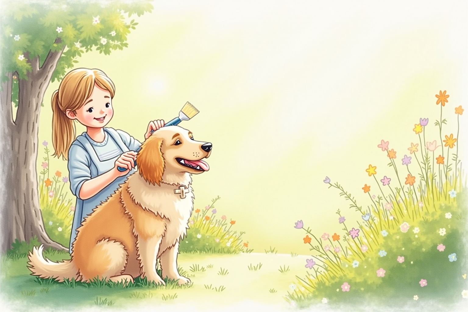 Happy dog being brushed by owner in a sunny garden