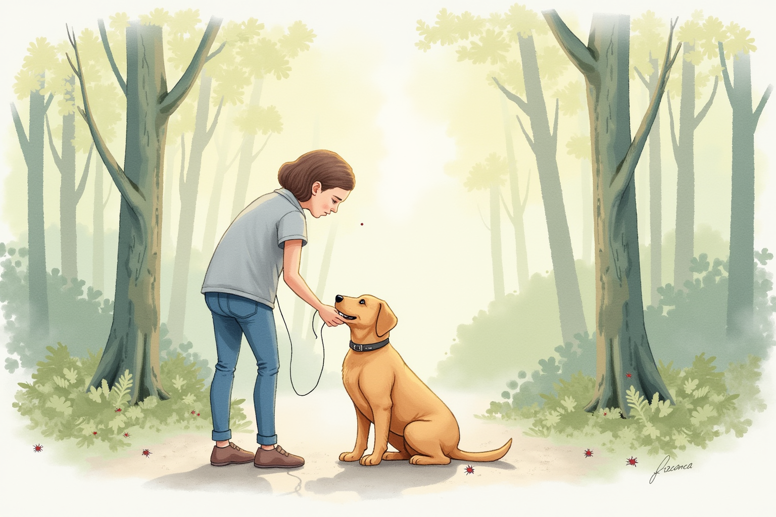 Dog being inspected for ticks after a walk in the woods