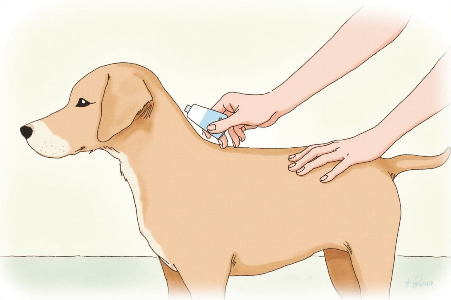 Hand applying topical flea treatment between dog's shoulder blades