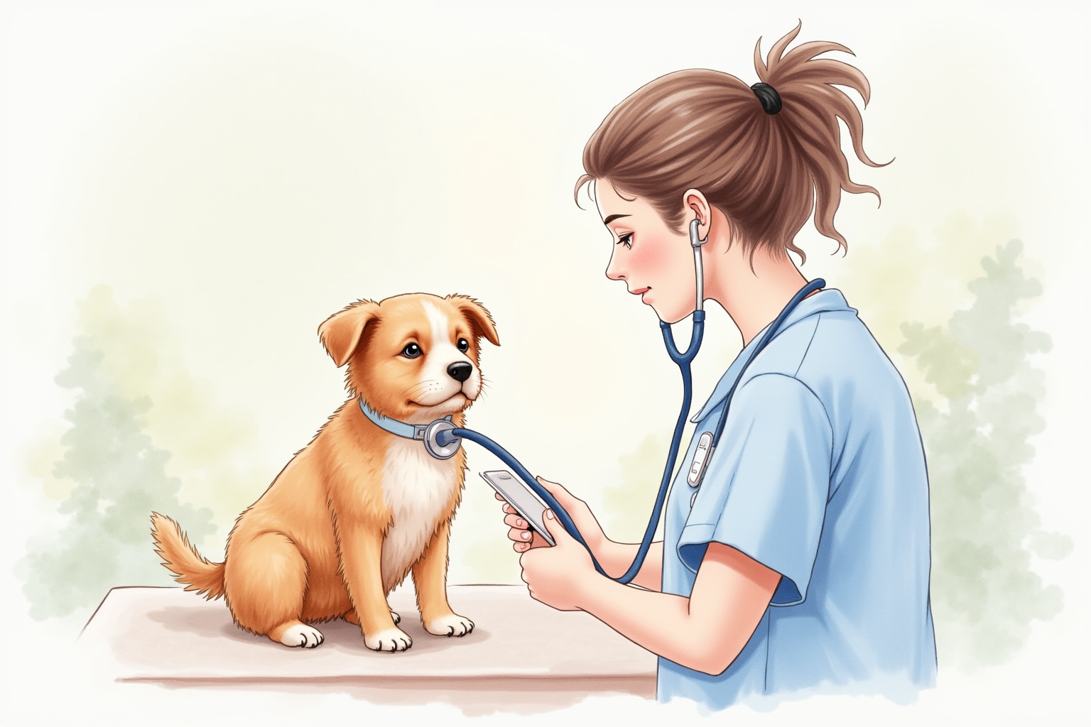 Veterinarian examining small dog with stethoscope during routine checkup