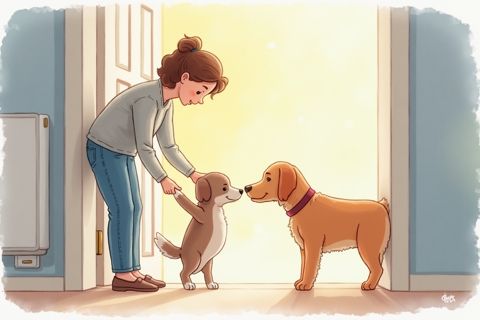Happy reunion between owner and dog at front door