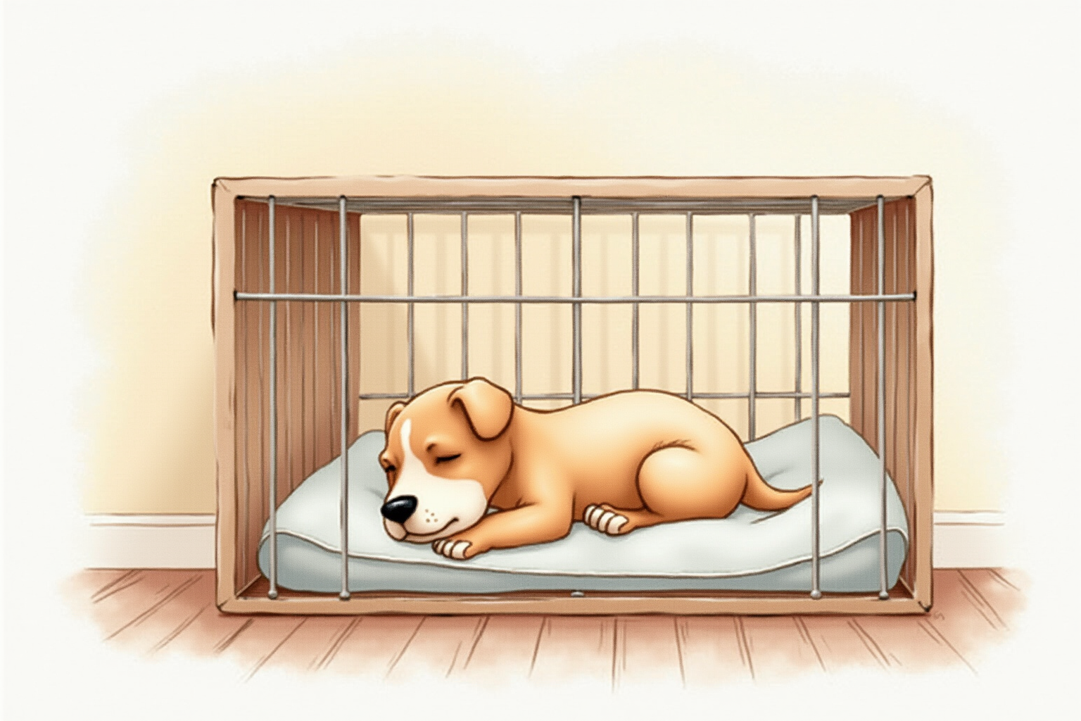 Dog calmly resting in a safe crate with blanket while owner away