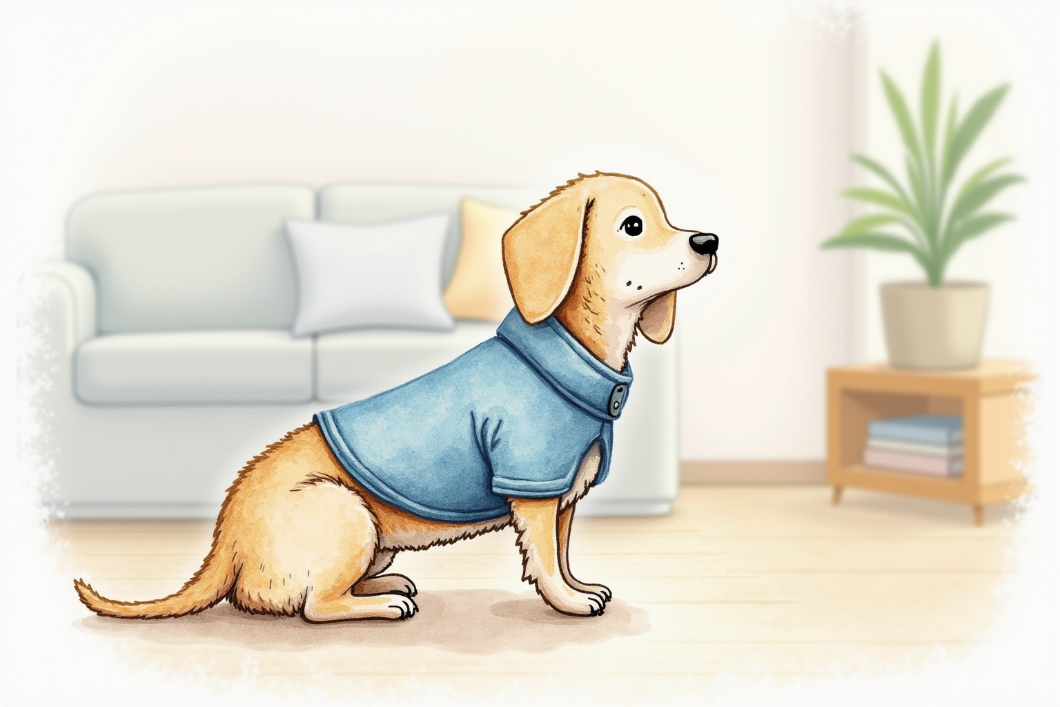 Calm dog wearing a snug thunder shirt anxiety wrap