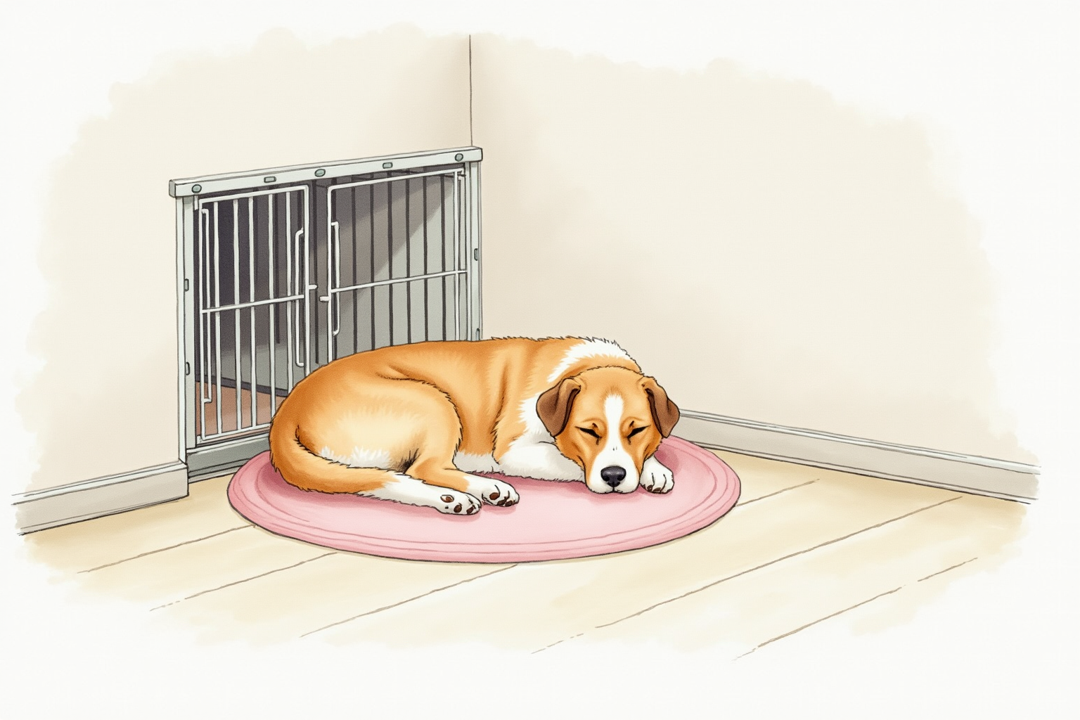 Adult dog resting peacefully near an open crate