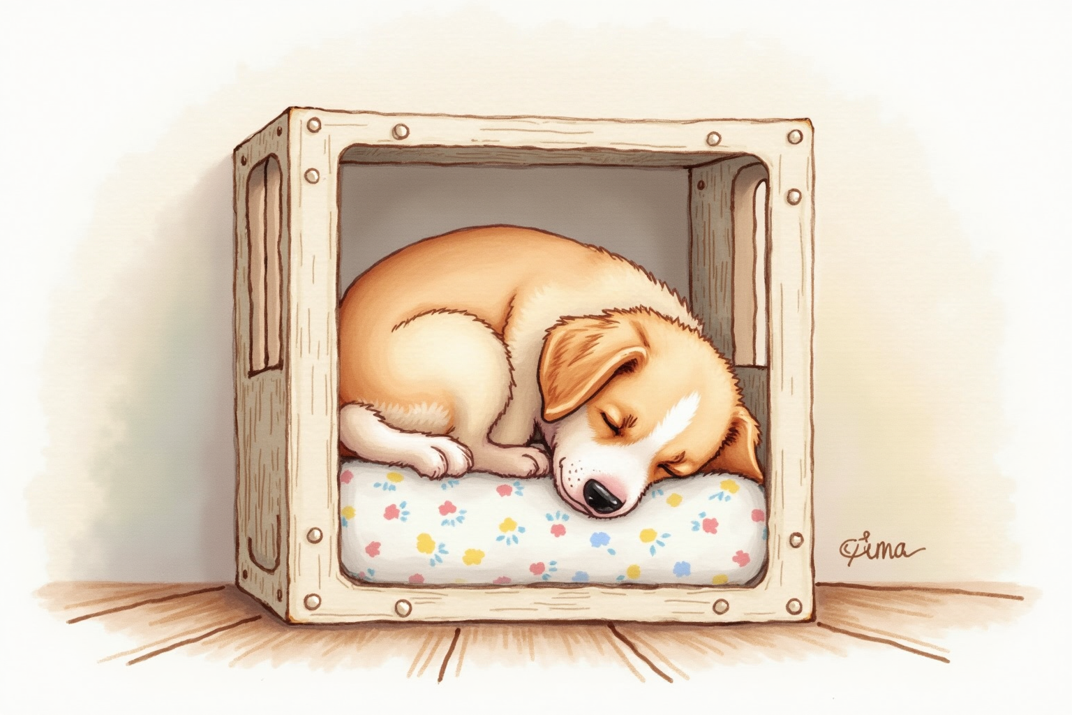 Small puppy sleeping comfortably inside an open crate with blanket