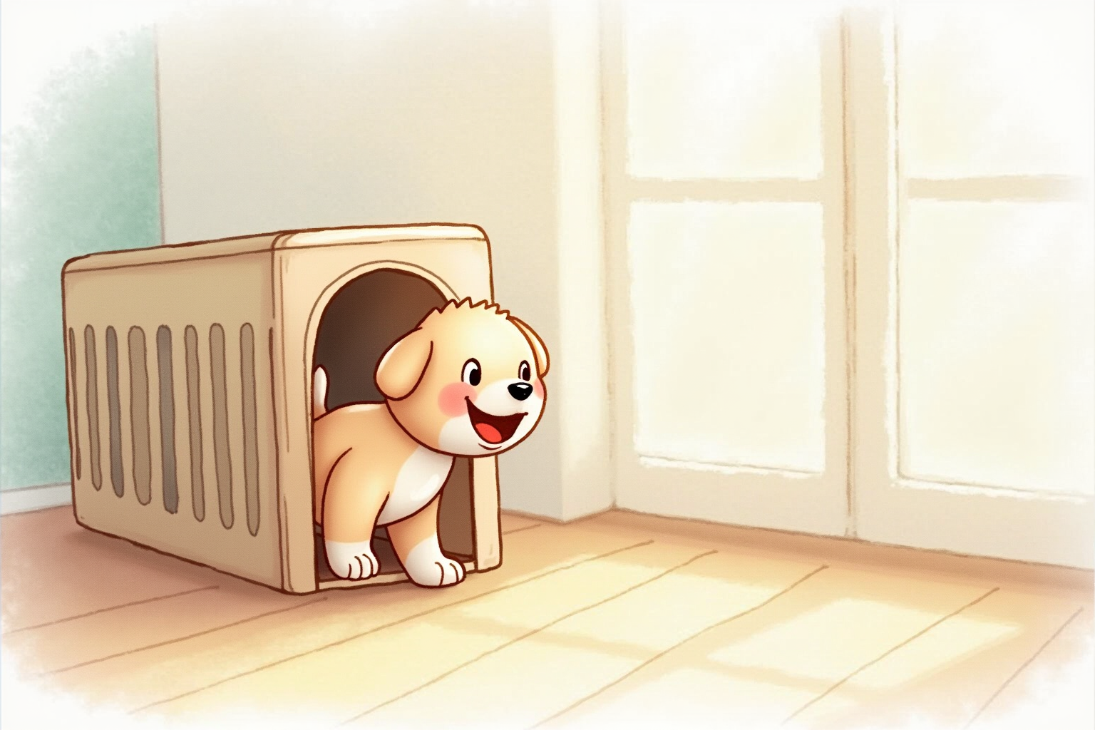 Happy puppy entering a crate voluntarily