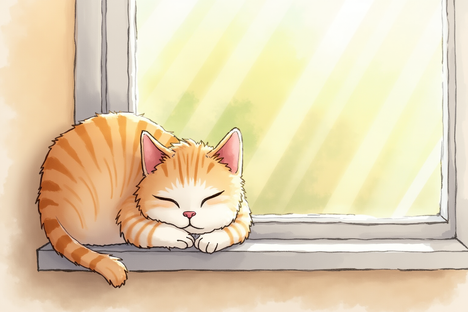Content cat napping in a sunbeam on a windowsill perch