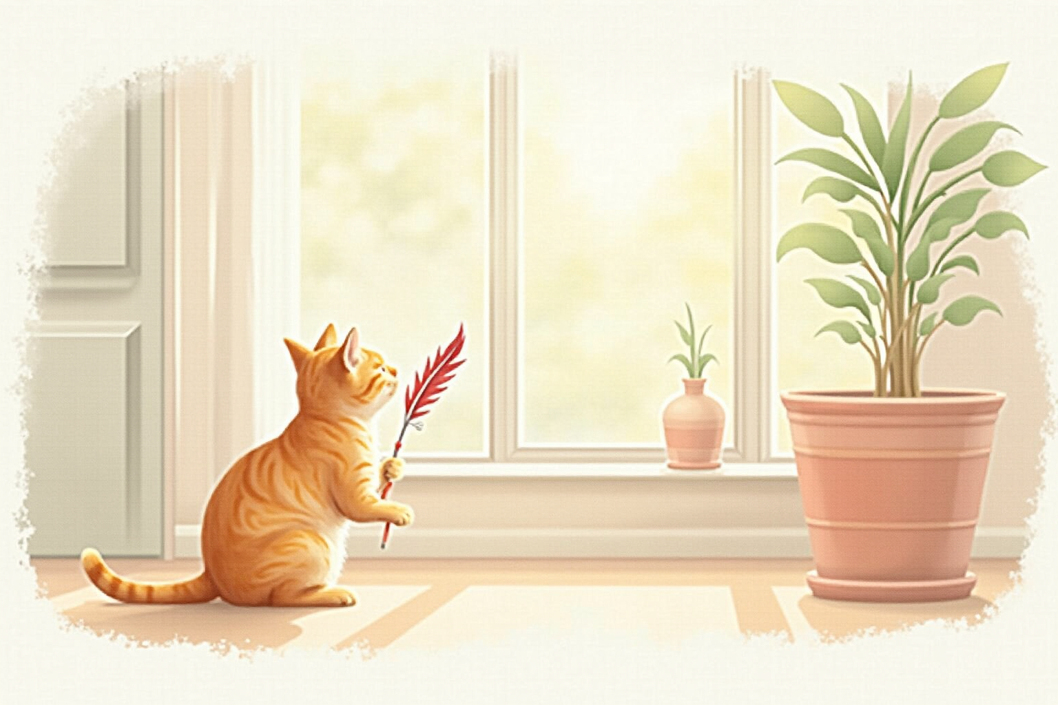 Cat playing with a feather wand toy in a sunny living room