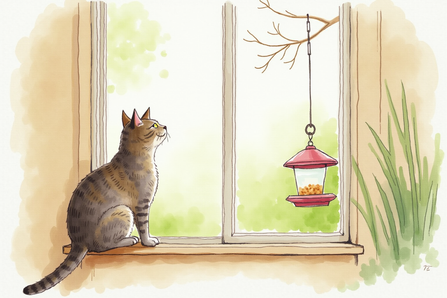 Cat looking out window at a bird feeder