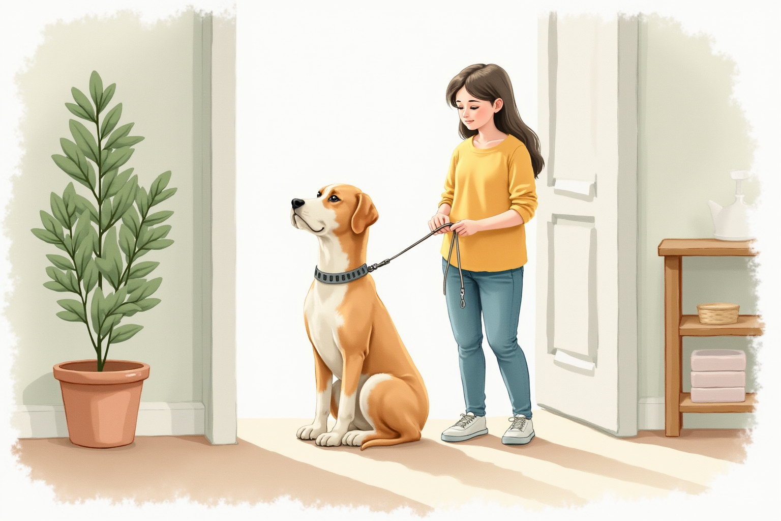 Dog sitting calmly while owner clips on a leash