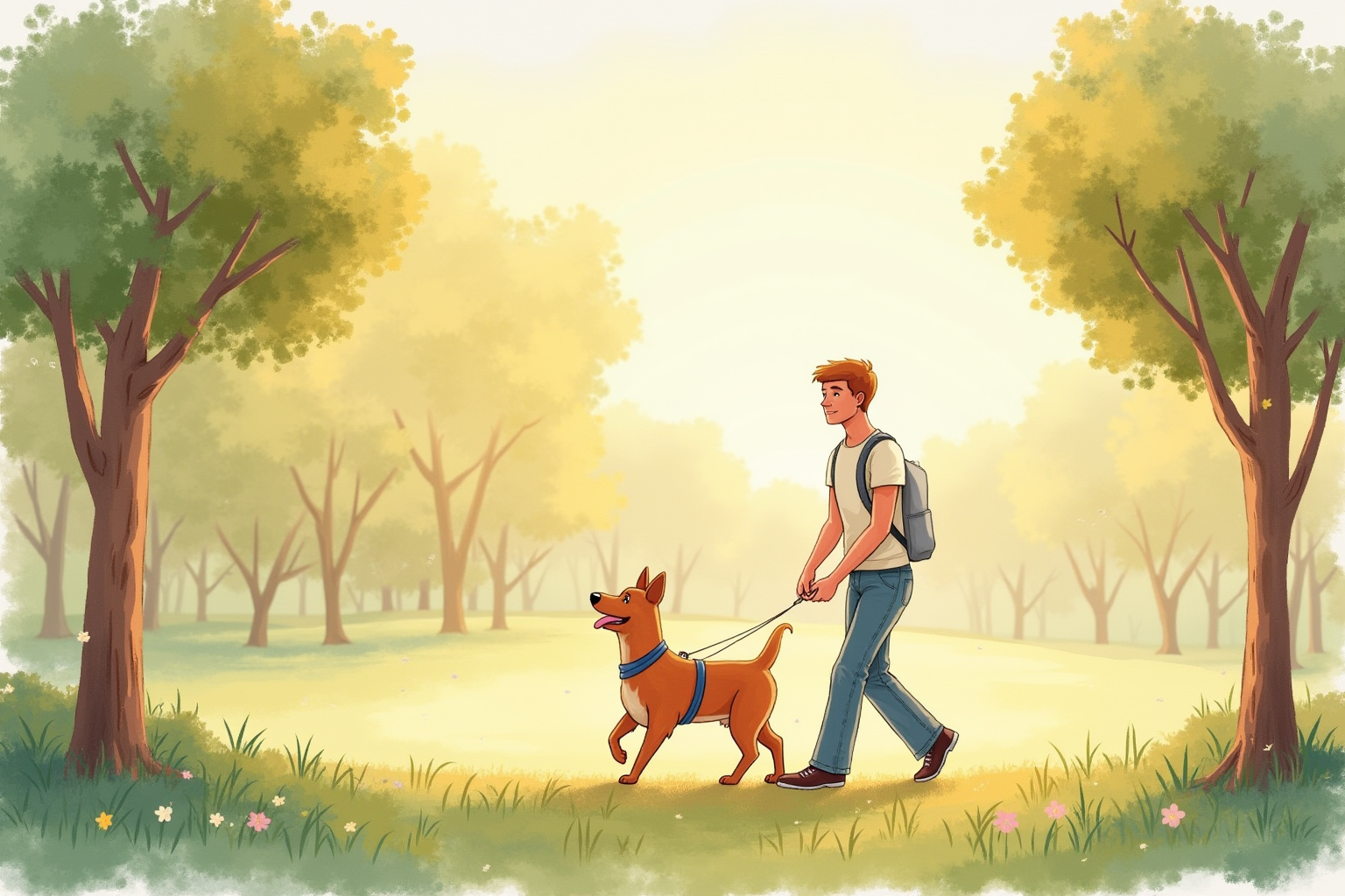 Happy dog and owner walking together in a park at sunset