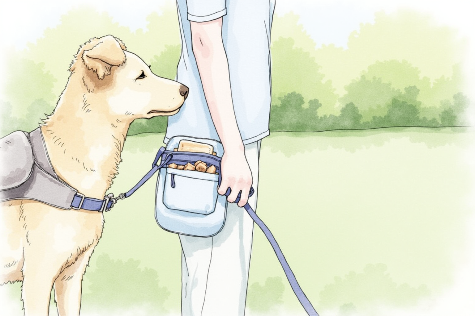 Hand holding leash with treats in a treat pouch at waist