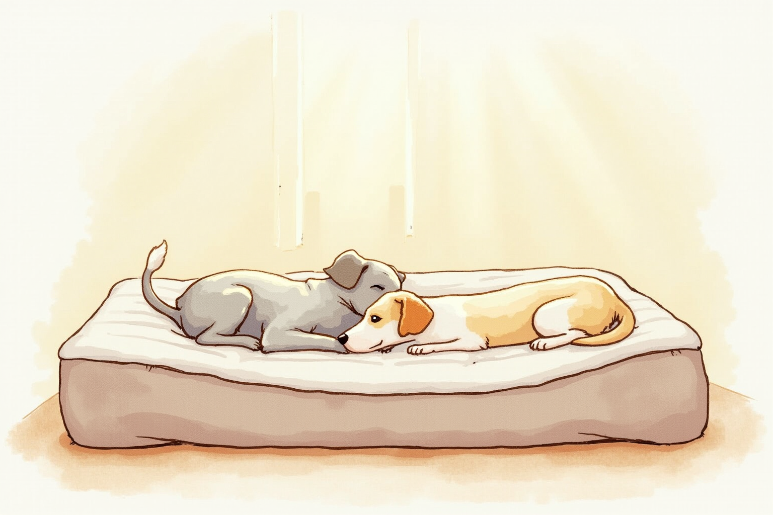 Two dogs sharing a large orthopedic bed peacefully