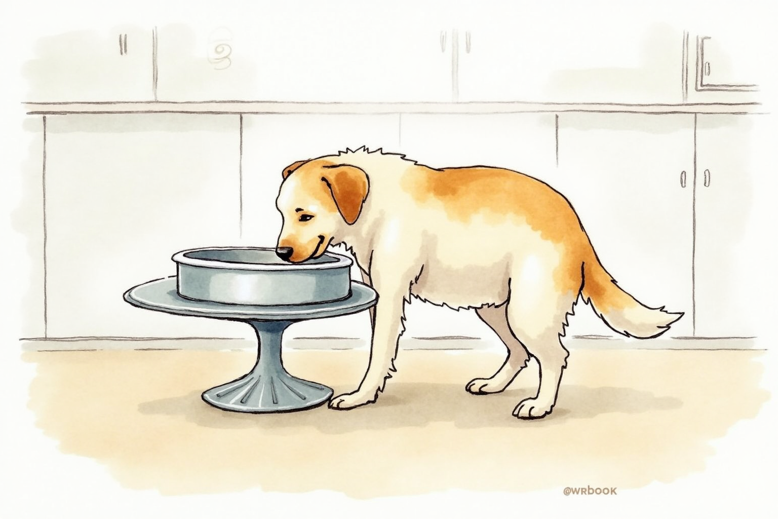 Dog drinking from elevated stainless steel water bowl