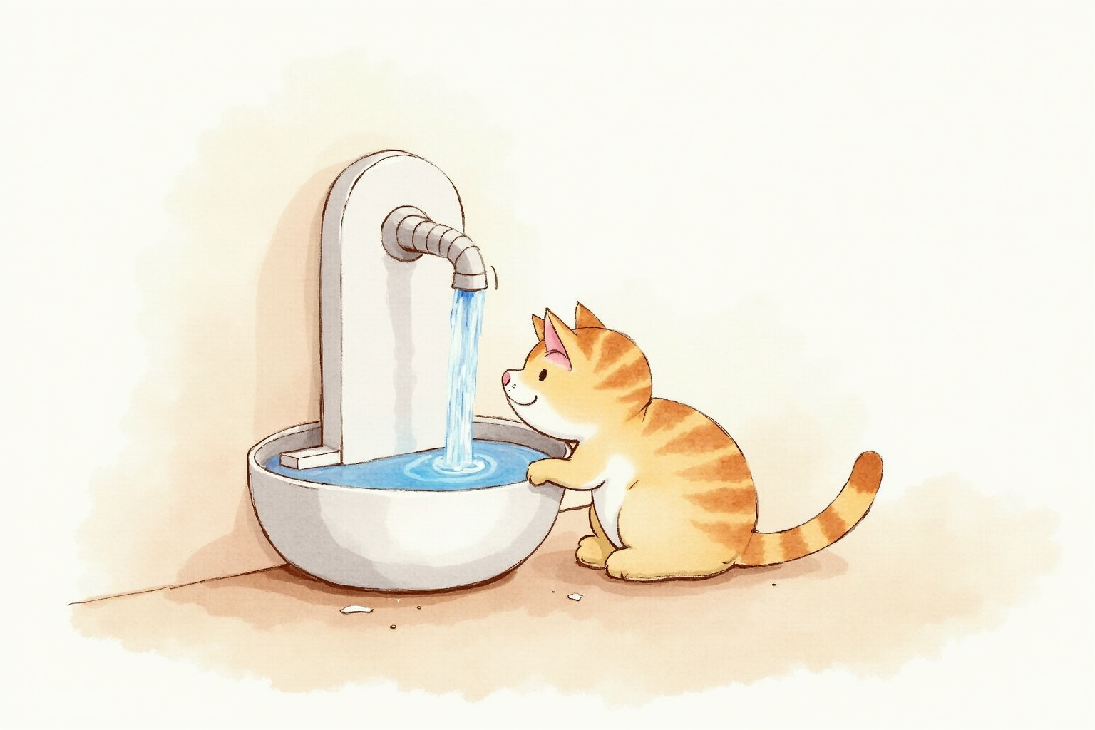 Cat drinking from a flowing water fountain