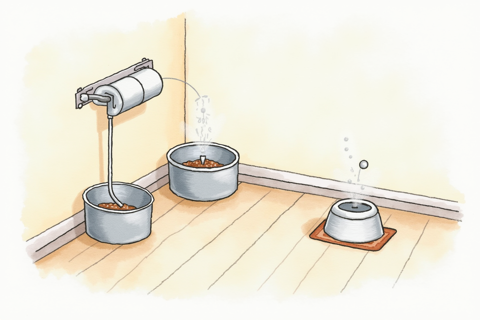 Kitchen with both fountain and bowl in pet feeding area