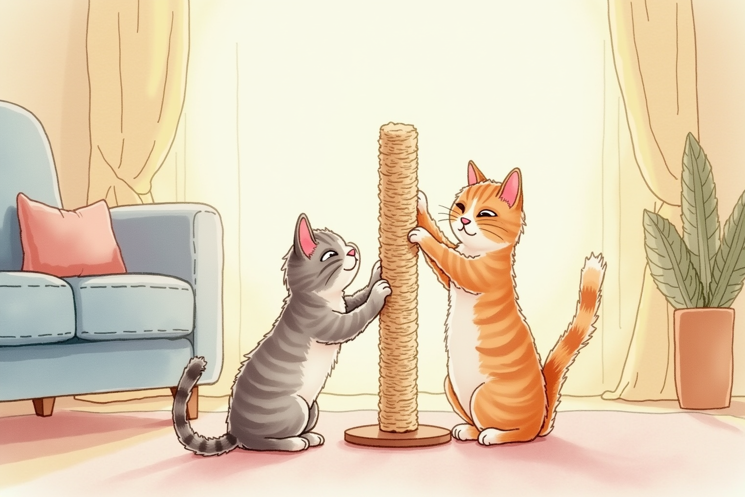 Happy cat scratching at sisal post while owner watches